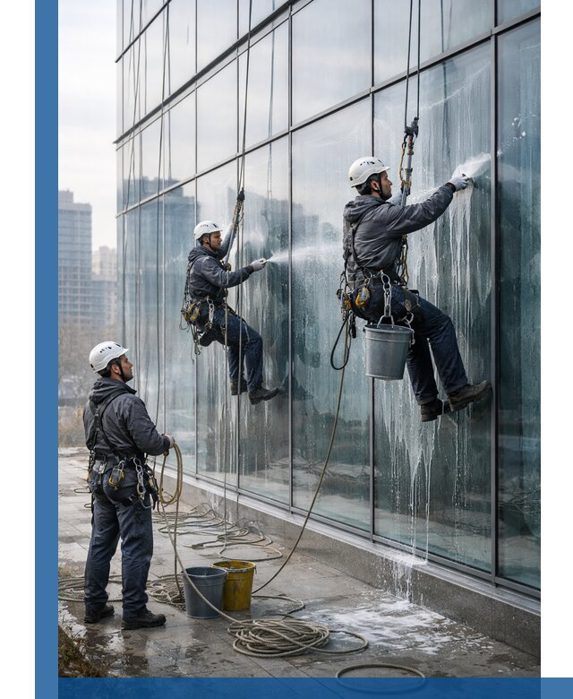 Промышленная мойка панорамных окон на высоте в Луховицах