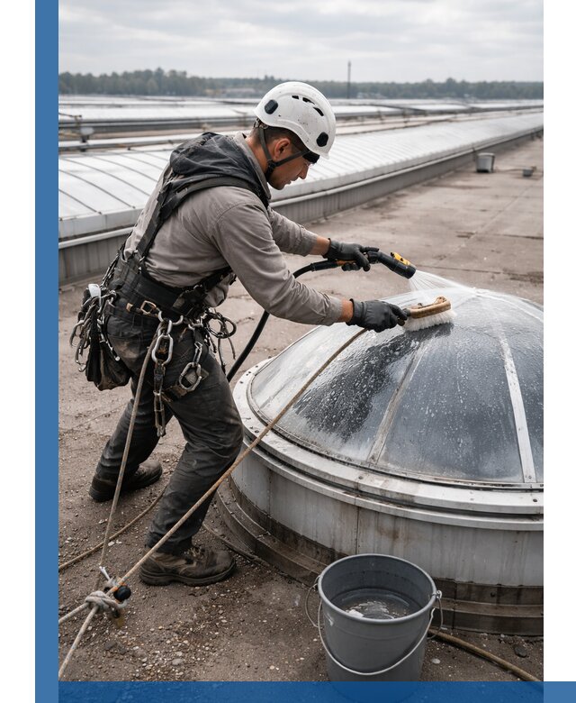 Мойка зенитных фонарей на кровле для промышленных объектов в Луховицах