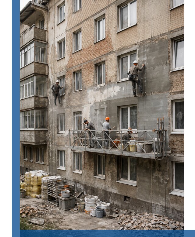 Капитальный ремонт фасада в Луховицах с восстановлением и гидроизоляцией