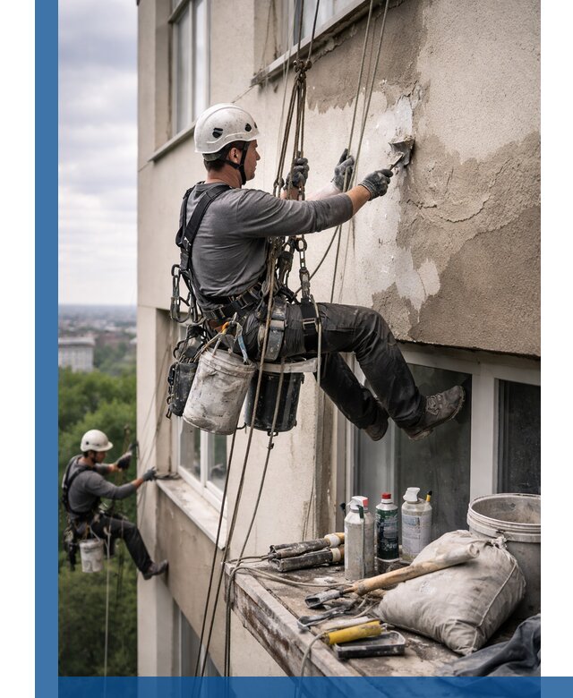 Косметический ремонт фасада зданий в Луховицах промышленными альпинистами
