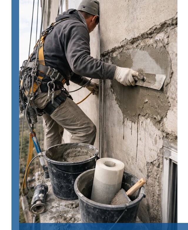 Ремонт бетонных элементов фасада промышленными альпинистами в Луховицах