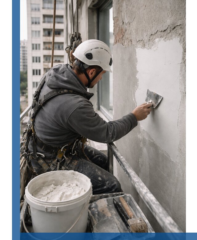 Шпаклевка фасадов на высоте с промальпинистами в Луховицах