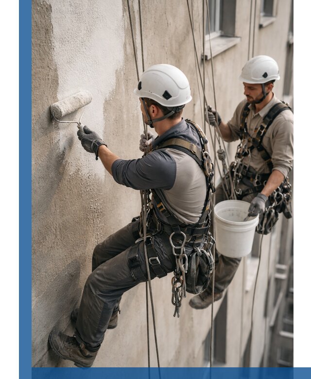 Грунтовка фасада на высоте в Луховицах промышленными альпинистами