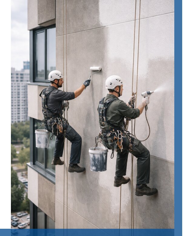 Покраска фасада альпинистами в Луховицах от 310 р. | ВЫСОТНИК-Лхв