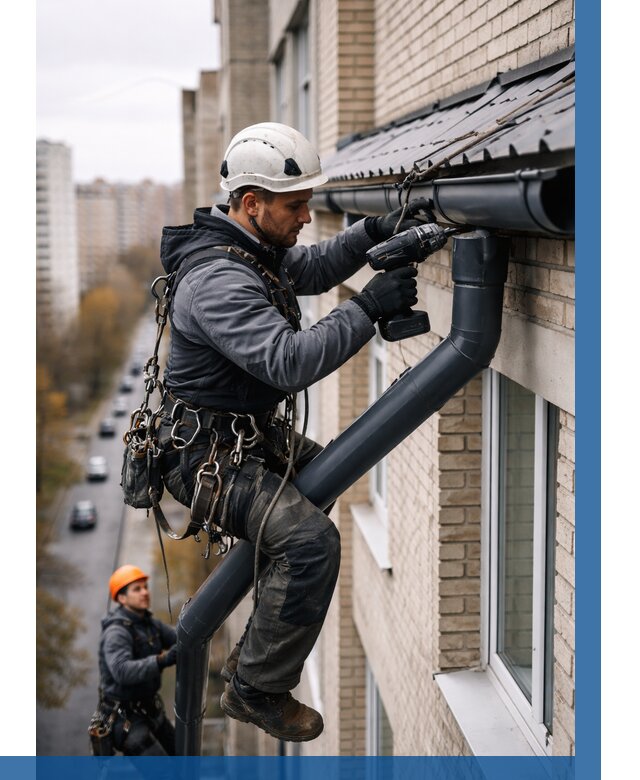 Монтаж водосточной системы на здании в Луховицах от 5173 р. | ВЫСОТНИК-Лхв