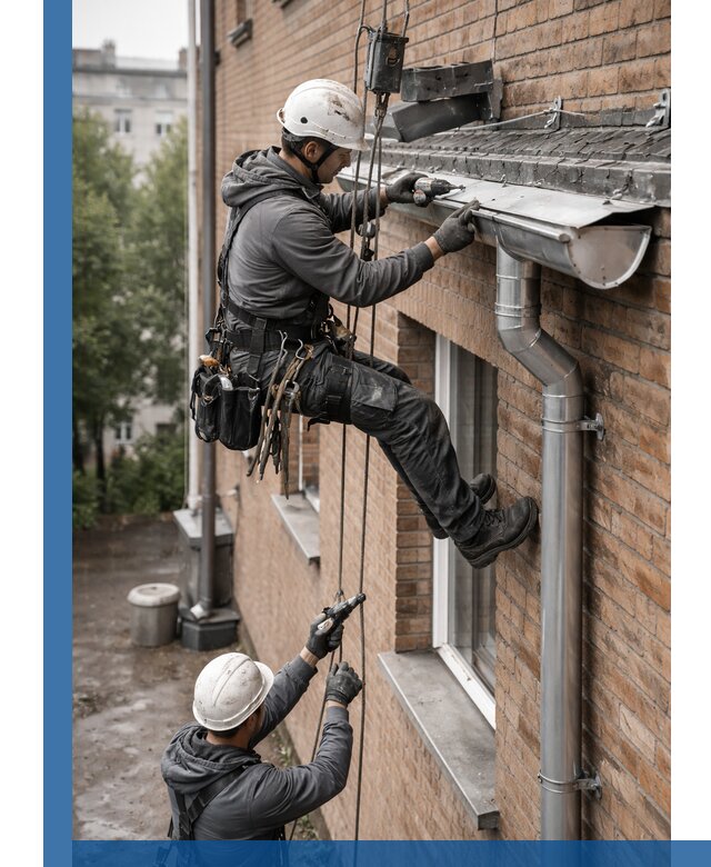 Монтаж водосточной системы на здании в Луховицах под ключ