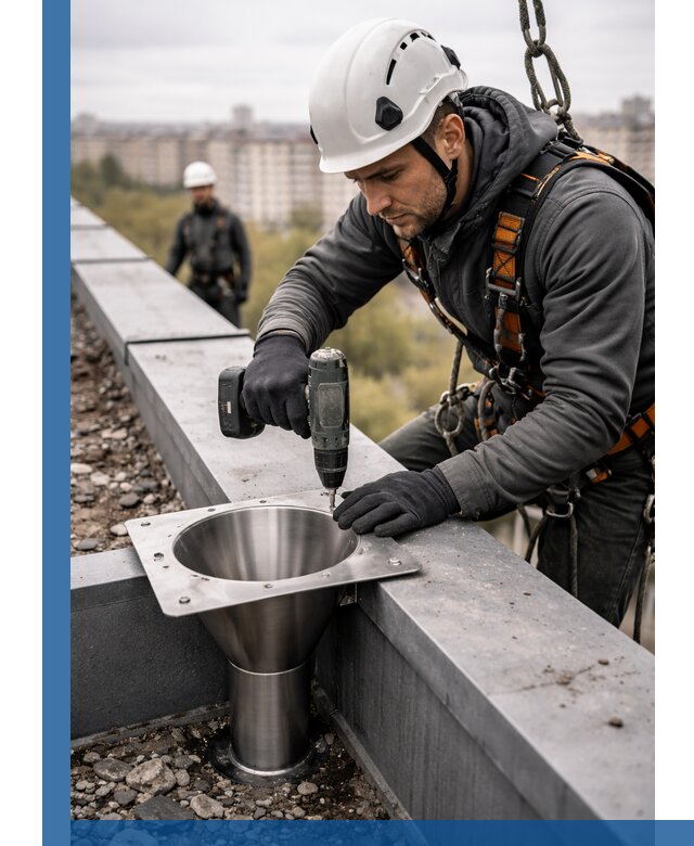 Монтаж водосточных воронок в Луховицах для промышленных зданий