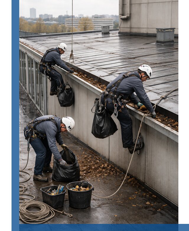 Очистка кровли по периметру в Луховицах силами промышленных альпинистов