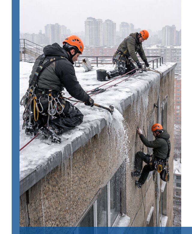 Удаление наледи с кровли в Луховицах промышленными альпинистами