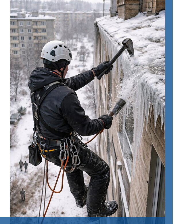 Сбивание сосулек с крыши в Луховицах по цене от 4655 р. | ВЫСОТНИК-Лхв
