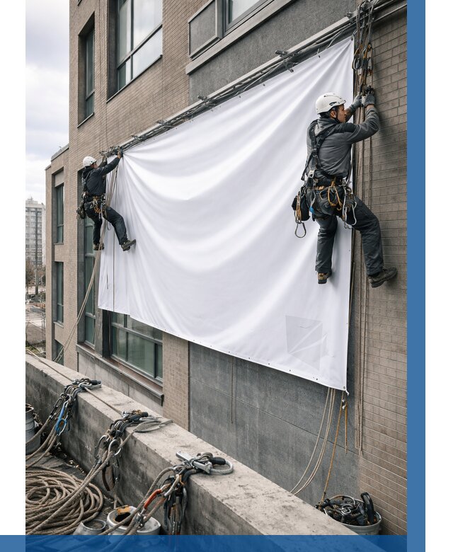 Монтаж баннеров на фасаде в Луховицах от 672 р. заказать ВЫСОТНИК-Лхв