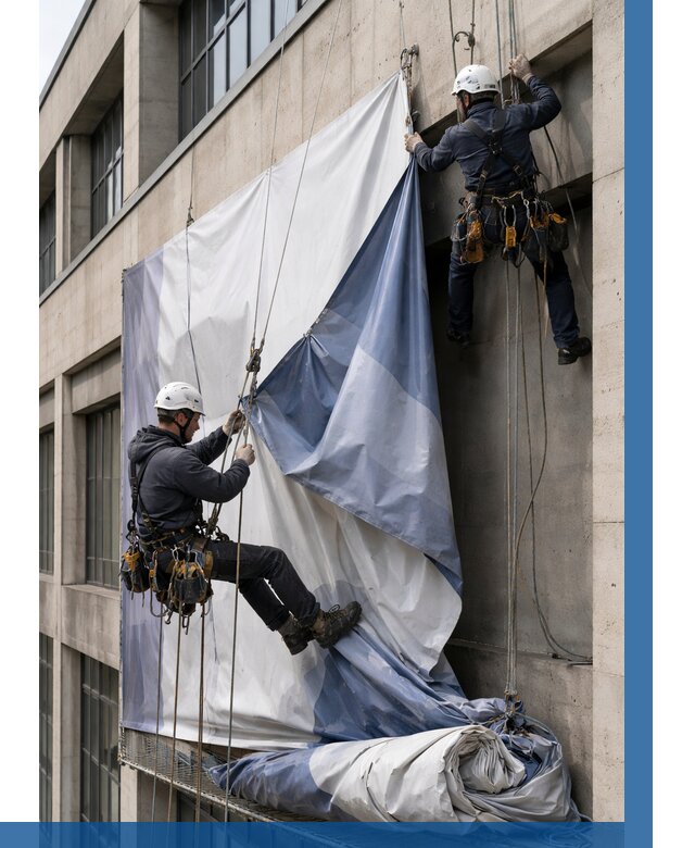 Демонтаж баннеров с фасада в Луховицах от 4655 р. | ВЫСОТНИК-Лхв