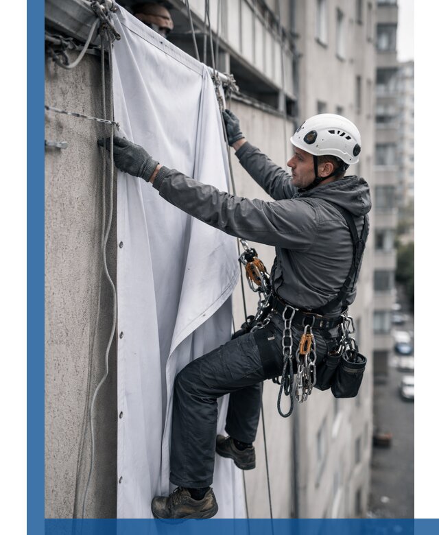 Замена баннерного полотна промышленными альпинистами в Луховицах