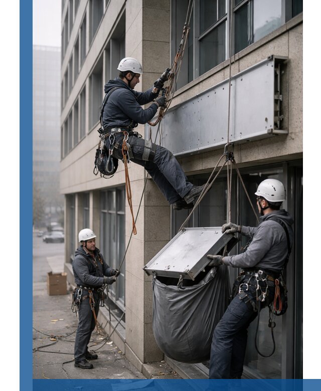 Демонтаж рекламной вывески с высотными работами в Луховицах