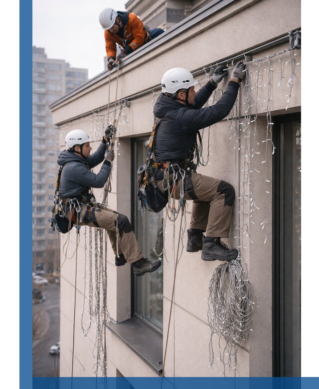 Монтаж праздничных гирлянд на фасаде в Луховицах для зданий