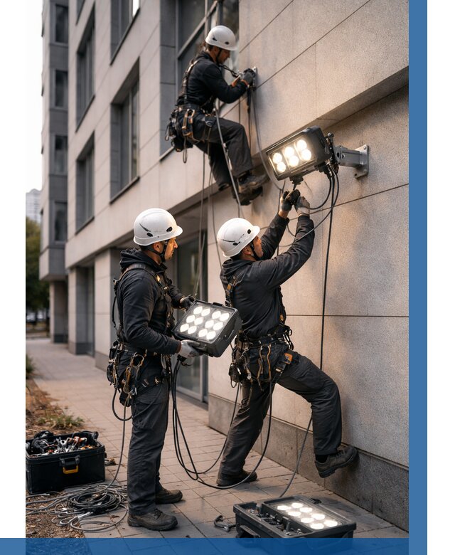 Монтаж прожекторов на фасаде в Луховицах от 7759 р. | ВЫСОТНИК-Лхв