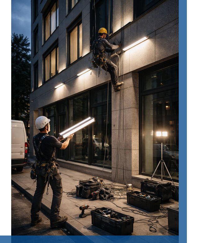 Монтаж архитектурной подсветки здания в Луховицах от 2586 р.|ВЫСОТНИК-Лхв