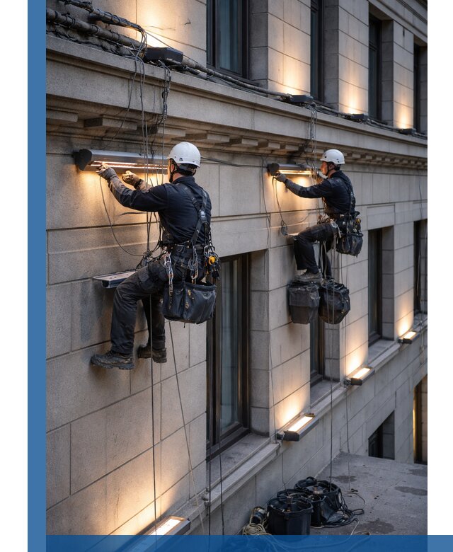 Монтаж архитектурной подсветки фасадов зданий в Луховицах