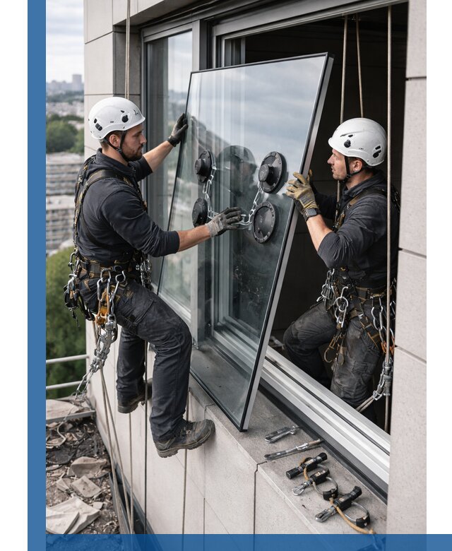 Замена стеклопакетов на высоте с промышленными альпинистами в Луховицах