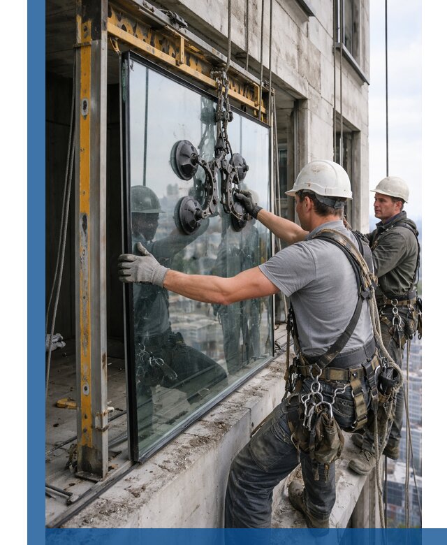 Монтаж стеклопакетов на высоте в Луховицах с промышленным альпинизмом