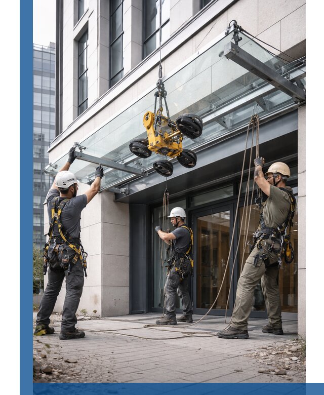 Монтаж стеклянных козырьков под ключ в Луховицах для зданий