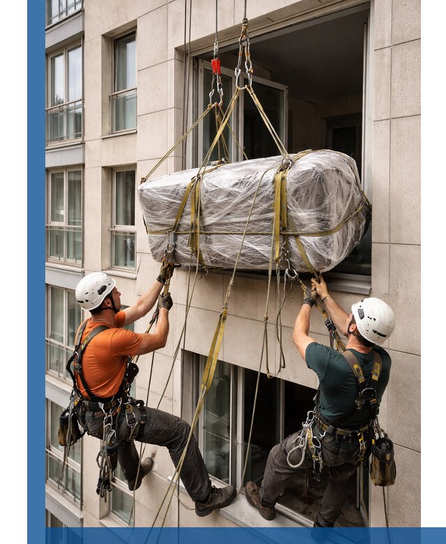 Подъем грузов через окно в Луховицах промышленными альпинистами