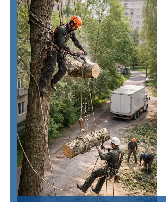 Спил деревьев альпинистами в Луховицах, безопасно и без повреждений