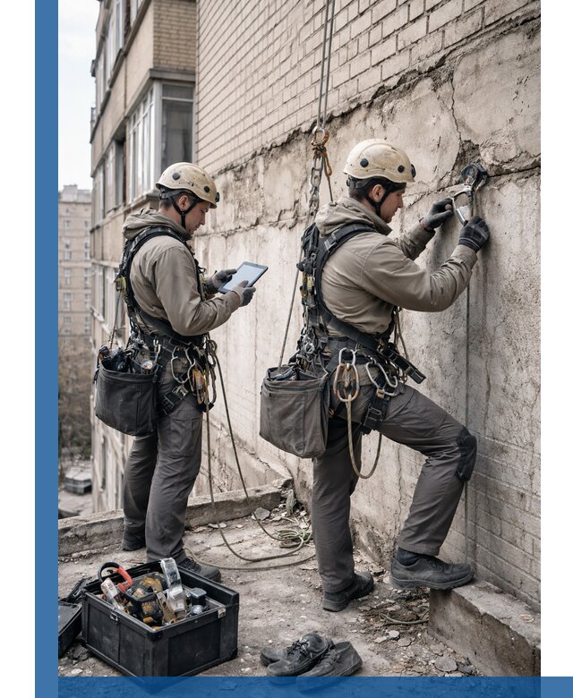 Обследование фасада промышленными альпинистами в Луховицах